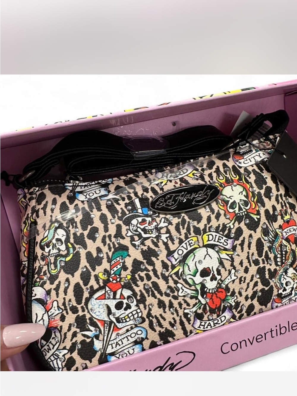 Ed Hardy Leopard Skull Convertible Crossbody Bag in Beige